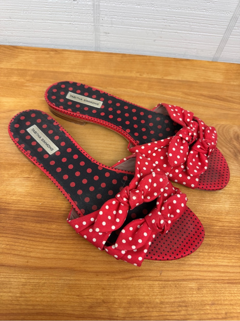 Tabitha Simmons Cleo Red Polka Dot Slide Sandals Double Bow Straps Size 39
